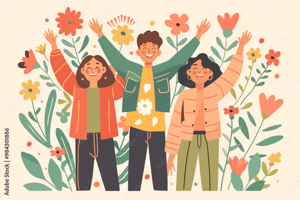 Flat design illustration of friends surrounded by colorful flowers. International Friends Day concept Flat design illustration of friends surrounded by colorful flowers. International Friends Day concept