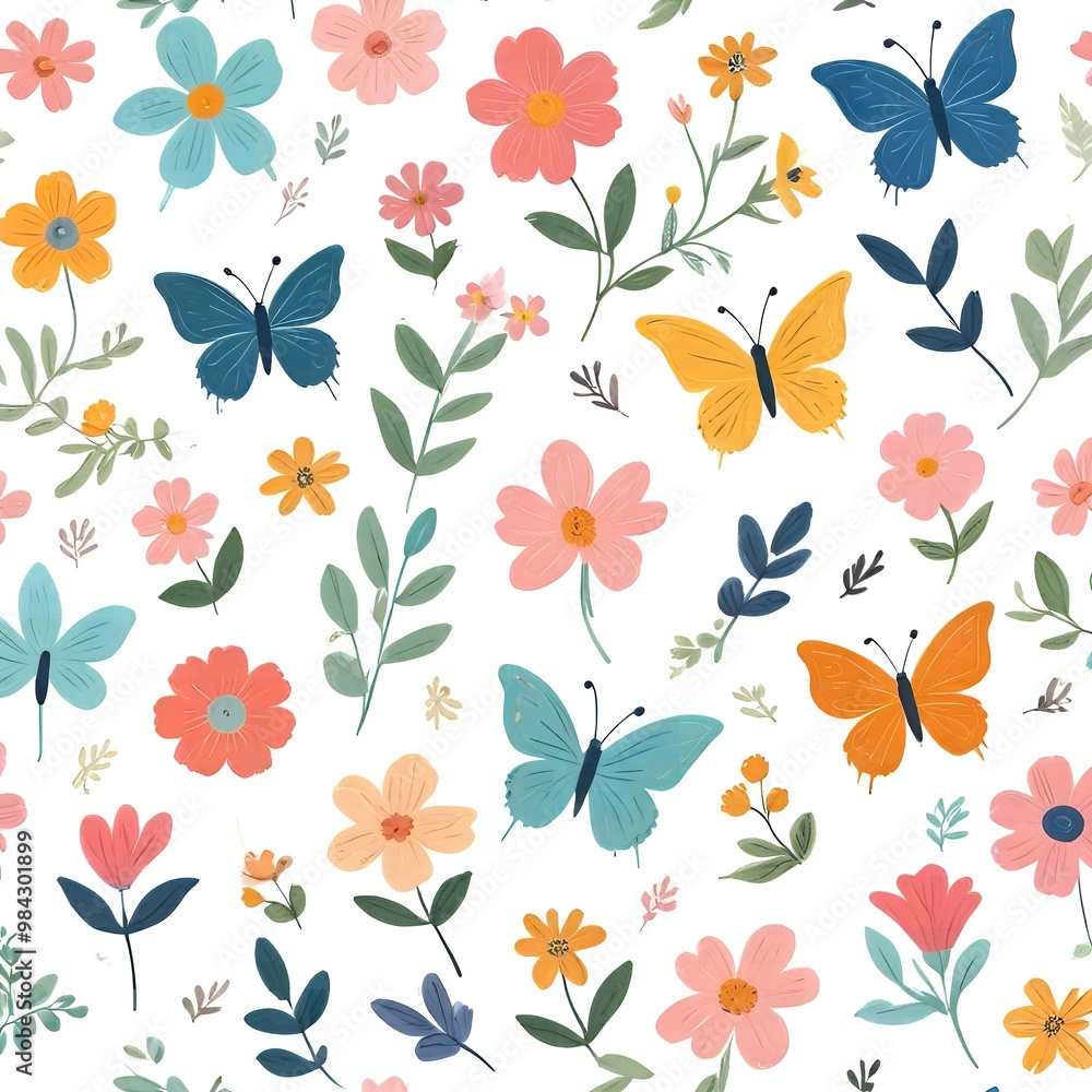 Bright Floral Print with Butterflies and Leaves on Soft Background Bright Floral Print with Butterflies and Leaves on Soft Background