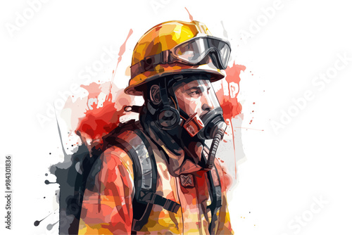 Firefighter man watercolor digital illustration. White background