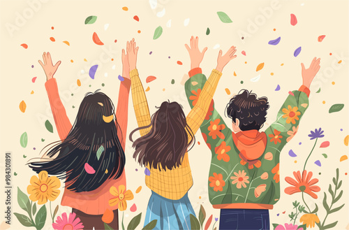 Back view of three teenage friends celebrating friendship. Illustration banner with Friend's Day concept