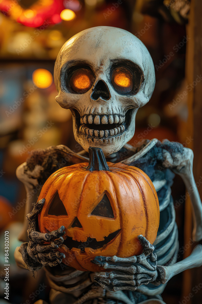 A skeleton figure clutching a carved jack-o'-lantern pumpkin, set in a warmly lit festive Halloween setting, evoking spooky and playful holiday vibes. A skeleton figure clutching a carved jack-o'-lantern pumpkin, set in a warmly lit festive Halloween setting, evoking spooky and playful holiday vibes.