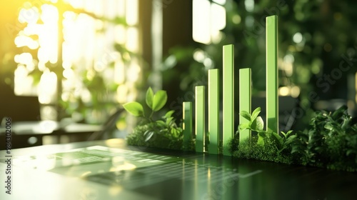 Sustainable Investments: Past Performance vs. Future Projections - Green Bar Charts Comparison on Conference Table