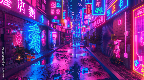 Neon Signs and Lights Reflecting on Wet Street in Urban City Setting