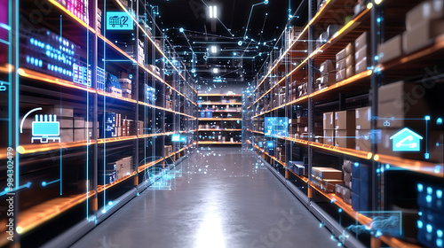 Smart shelves in an IoT enabled inventory management system showcase modern warehouse environment. digital interface enhances efficiency and organization, creating futuristic atmosphere. 