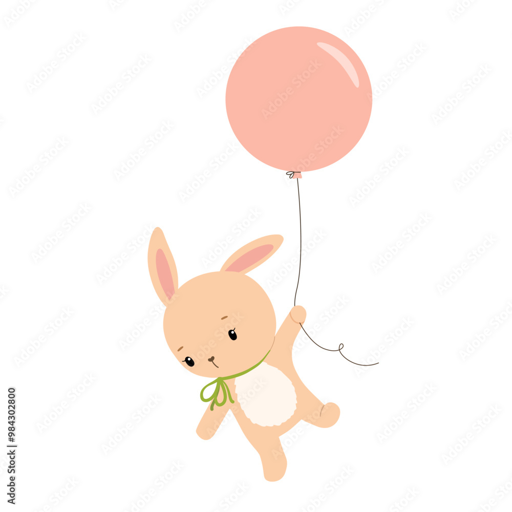 Cute baby bunny is flying with pink balloon. Animal isolated hand drawn vector illustration Cute baby bunny is flying with pink balloon. Animal isolated hand drawn vector illustration