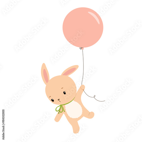Cute baby bunny is flying with pink balloon. Animal isolated hand drawn vector illustration