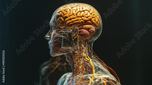A detailed anatomical view of human brain, showcasing intricate neural pathways and structures. This image highlights complexity of nervous system and its connection to body. 