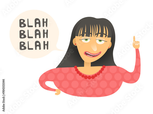 A talkative woman in a red dress with loose hair teaches raising a finger up. Cartoon funny character