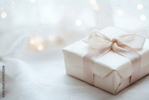 A beautifully wrapped gift with a delicate ribbon on a simple white table, with ample blank space on both sides. The soft lighting creates a luxurious feel, perfect for adding text or brand logos.