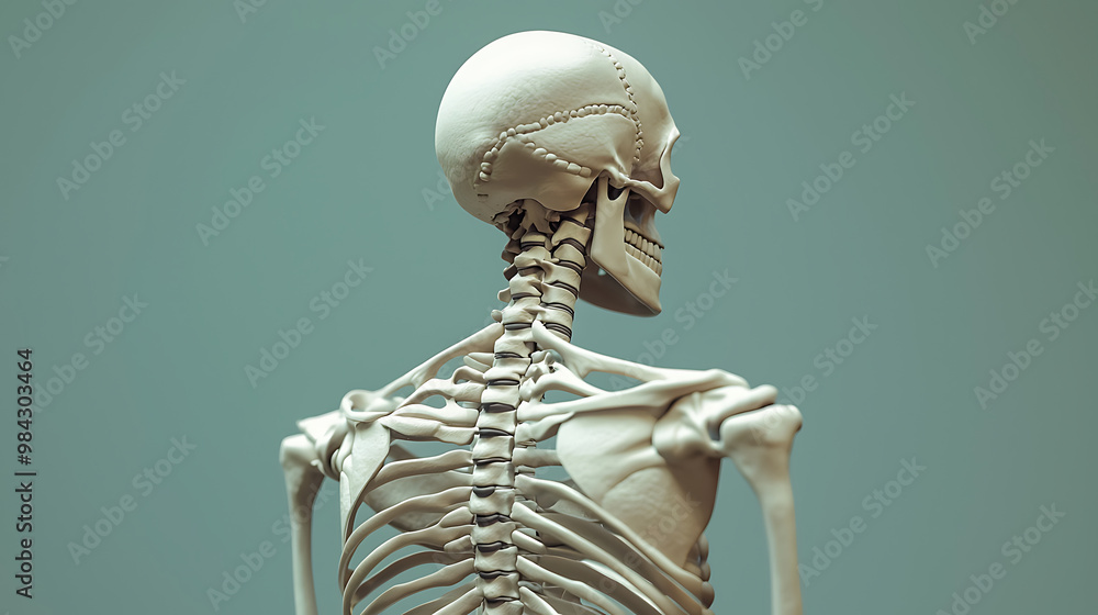 A detailed 3D render of human skeleton showcasing spine and skull, emphasizing anatomical structure and realism. This image captures intricate design of human bones. A detailed 3D render of human skeleton showcasing spine and skull, emphasizing anatomical structure and realism. This image captures intricate design of human bones.