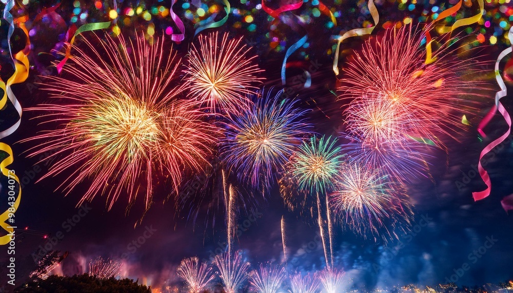 fireworks in the night sky, illustration of fireworks explosion on new year's eve, colorful fireworks sparkling in the night sky fireworks in the night sky, illustration of fireworks explosion on new year's eve, colorful fireworks sparkling in the night sky