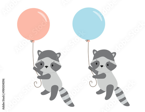 Cute baby raccoon is flying with pink and blue balloon. Woodland animal isolated hand drawn vector illustration