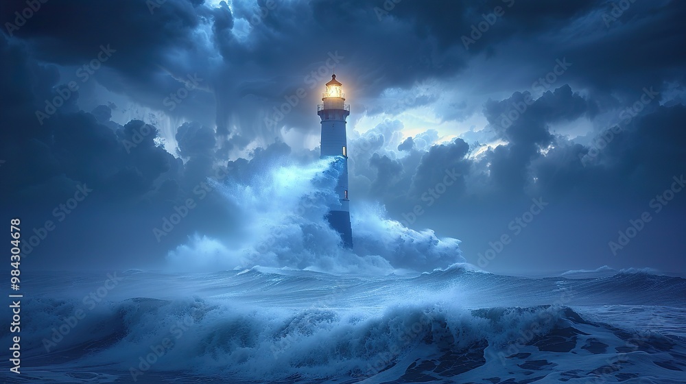 Lighthouse standing tall against the dark, stormy night at sea Lighthouse standing tall against the dark, stormy night at sea
