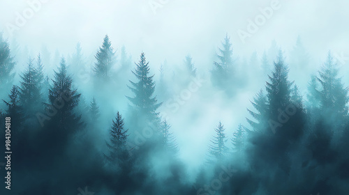 Misty morning forest scene with tall evergreen trees shrouded in fog, creating serene and tranquil atmosphere. soft hues of blue and gray enhance mystical feel of landscape. 