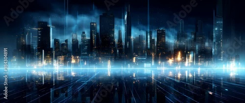 Wallpaper Mural Modern futuristic smart city abstract animation with bright lights against a blue background. Showcases cityscape urban architecture, emphasizing a futuristic technology city concept in 4k video. Torontodigital.ca