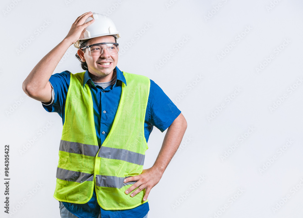 Troubled young engineer holding head isolated. Worried builder engineer holding head isolated. Engineer in problems concept Troubled young engineer holding head isolated. Worried builder engineer holding head isolated. Engineer in problems concept