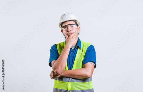 Young builder wondering looking up with hand on chin. Pensive builder man with hand on chin isolated