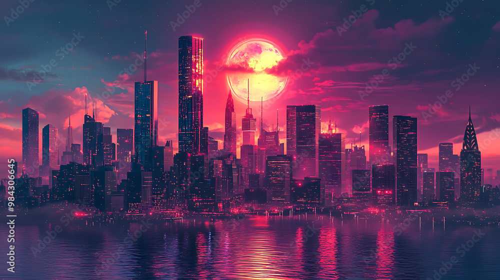 Fototapeta premium A vibrant city skyline at night, illuminated by neon lights and large, glowing moon. scene captures futuristic atmosphere with reflections on water, evoking sense of wonder and excitement. 
