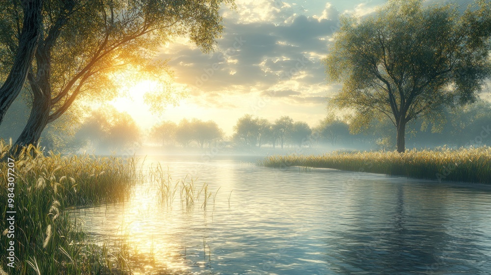 Serene river landscape at sunrise with trees and soft mist. Serene river landscape at sunrise with trees and soft mist.