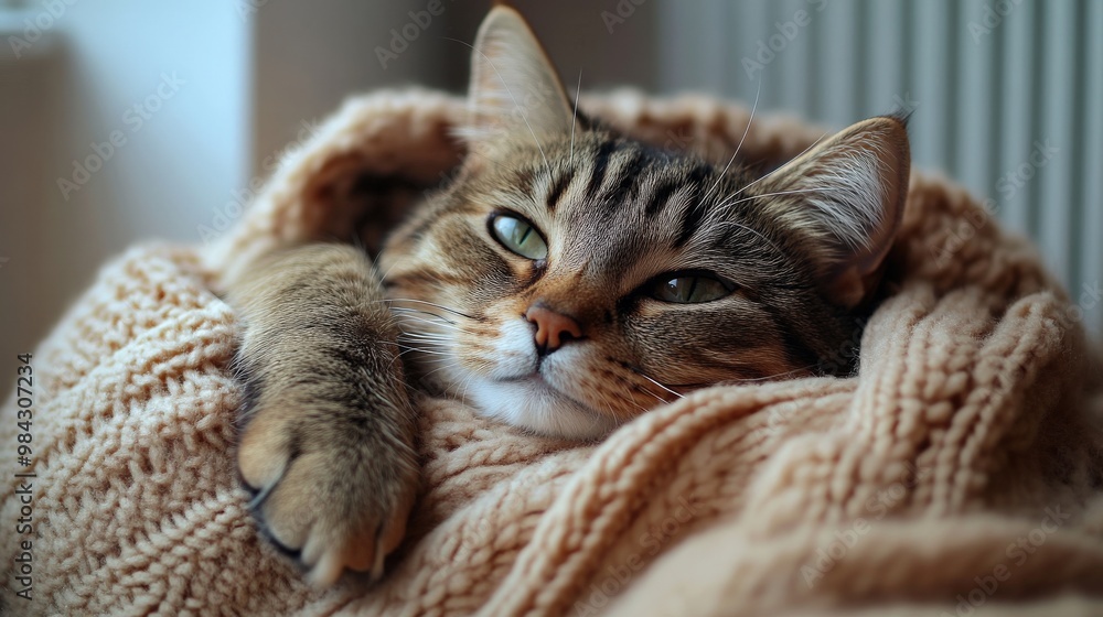 Fluffy Cat Wrapped in Blanket in Front of Radiator Fluffy Cat Wrapped in Blanket in Front of Radiator