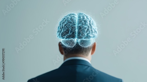 A digital brain floats above a businessman, representing the integration of artificial intelligence in leadership.