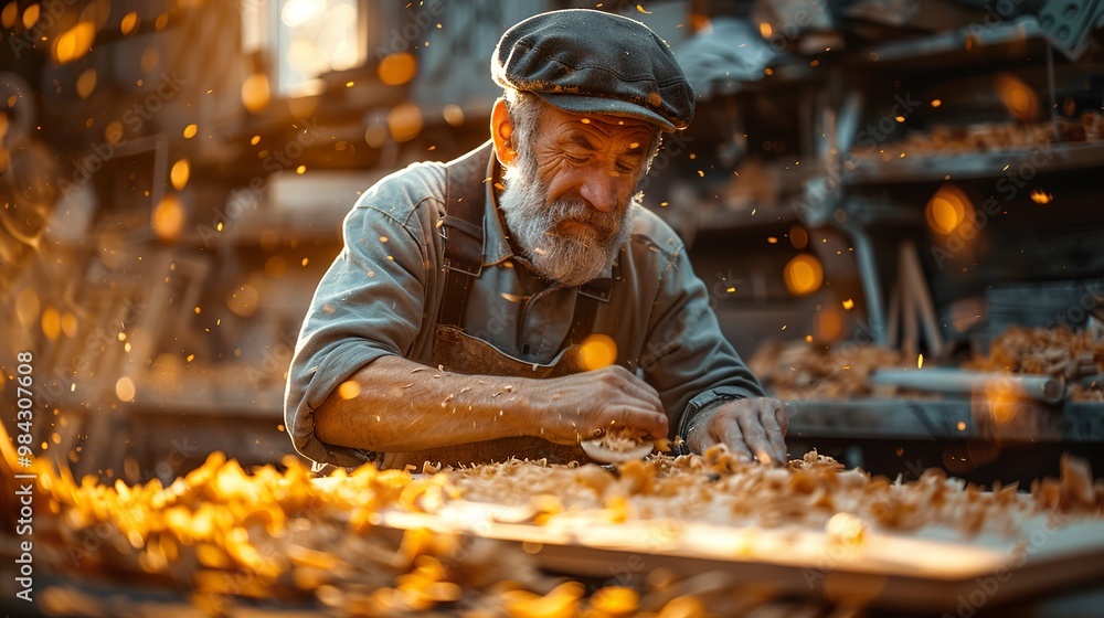 Older woodworker focused on his craft amidst a shower of wood shavings Older woodworker focused on his craft amidst a shower of wood shavings