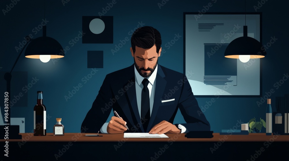 A professional in a suit, confidently working at a desk, but with a hidden bottle in the drawer, illustrating the dual life of high-functioning alcoholism A professional in a suit, confidently working at a desk, but with a hidden bottle in the drawer, illustrating the dual life of high-functioning alcoholism
