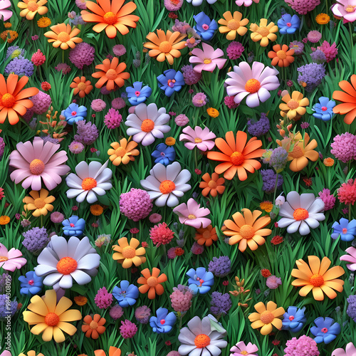 Seamless floral pattern, stumpwork embroidery style