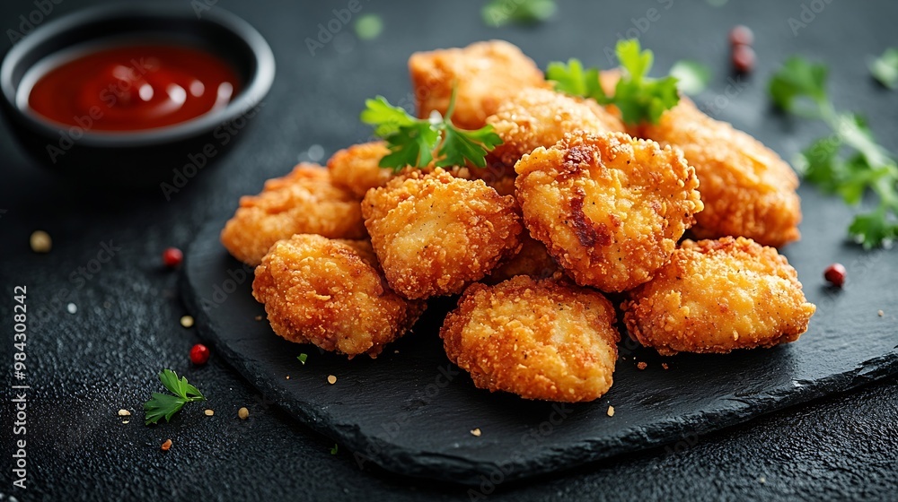 Delicious fresh crispy chicken nuggets on a dark concrete background Unhealthy food fast food : Generative AI Delicious fresh crispy chicken nuggets on a dark concrete background Unhealthy food fast food : Generative AI