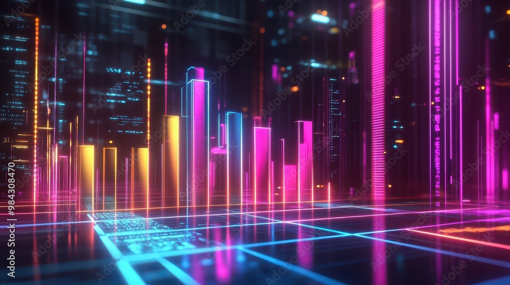 A neon-themed bar graph with ascending bars, each indicating a phase in business development, on a high-tech background. A neon-themed bar graph with ascending bars, each indicating a phase in business development, on a high-tech background.