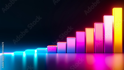 A futuristic, glowing bar chart with colorful bars illustrating growth metrics and financial success.