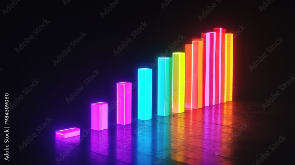 A series of neon-colored bars ascending in a graph, showing business growth from 0 to 100, set against a black background. A series of neon-colored bars ascending in a graph, showing business growth from 0 to 100, set against a black background.