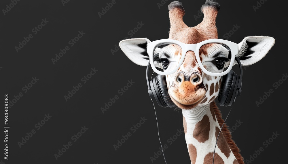 A giraffe in stylish attire, with oversized glasses and headphones, embodying modern animal fashion. A giraffe in stylish attire, with oversized glasses and headphones, embodying modern animal fashion.