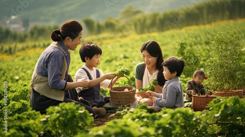 An Asian family enjoying a picnic in their countryside field, with children playing nearby, a farmer tending to crops, and a peaceful, scenic rural backdrop.