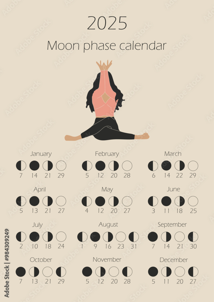 Moon phases calendar 2025 with a girl doing yoga. Waning gibbous, Waxing crescent, New moon, Full moon with dates. Moon phases calendar 2025 with a girl doing yoga. Waning gibbous, Waxing crescent, New moon, Full moon with dates.