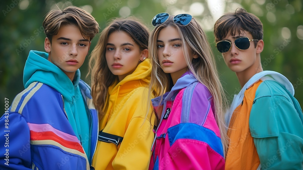 Sporty and stylish Young people boys and girls wearing 90s style tracksuit accessories posing outdoors over greenery background Concept of 90s fashion youth culture oldstyle trends : Generative AI Sporty and stylish Young people boys and girls wearing 90s style tracksuit accessories posing outdoors over greenery background Concept of 90s fashion youth culture oldstyle trends : Generative AI