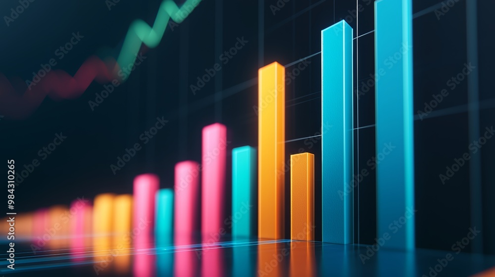 A high-tech 3D bar graph with bright colors, reflecting strong business growth and data insights. A high-tech 3D bar graph with bright colors, reflecting strong business growth and data insights.