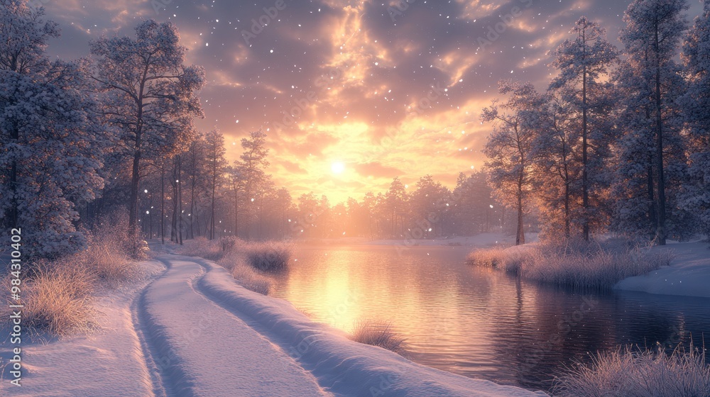 Naklejka premium Serene winter landscape with a glowing sunset over a snowy river.