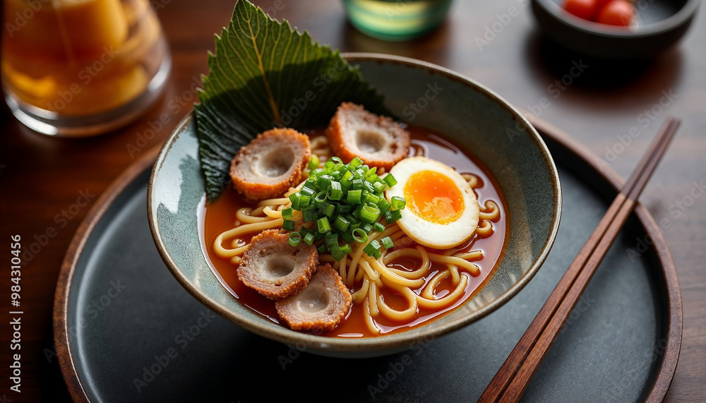 A refined bowl of ramen in an elegant restaurant, ideal for menu display. A refined bowl of ramen in an elegant restaurant, ideal for menu display.