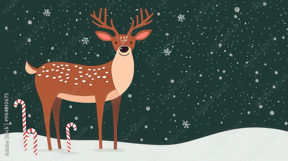 A whimsical reindeer stands in a snowy scene with candy canes, surrounded by falling snowflakes against a deep green background, Christmas concept. A whimsical reindeer stands in a snowy scene with candy canes, surrounded by falling snowflakes against a deep green background, Christmas concept.