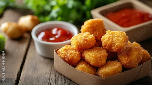 Takeaway food  fried breaded chicken nuggets and vegetables on wooden table : Generative AI photo