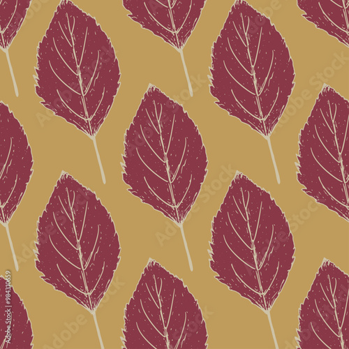 Autumn pattern with birch leaves on a mustard yellow background in sketch style. Fall seamless wallpaper with subtle hand-drawn botanical elements in rich autumn tones