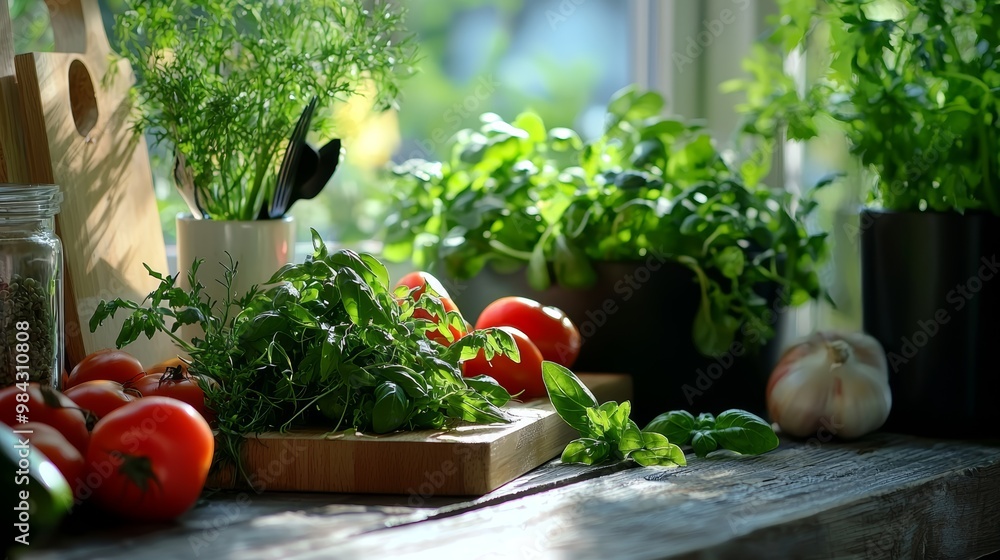 A kitchen table set up for cooking, with herbs, vegetables, and a warm natural light from the window. A kitchen table set up for cooking, with herbs, vegetables, and a warm natural light from the window.