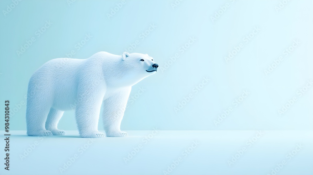 A 3D polar bear standing majestically on a soft pastel background of light blue and white, positioned on the right to symbolize the grandeur of Arctic creatures in a zoo setting. 