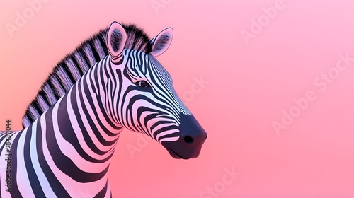 A 3D zebra with striking black-and-white stripes, set against a soft pastel backdrop of muted lavender and peach, placed on the right to represent the distinct character of a zoo animal. 