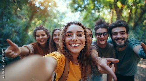 Friends selfie and hands outdoor for social media fashion and fun adventure Below diversity youth and portrait of student group or men and woman for profile picture memory and freedom : Generative AI