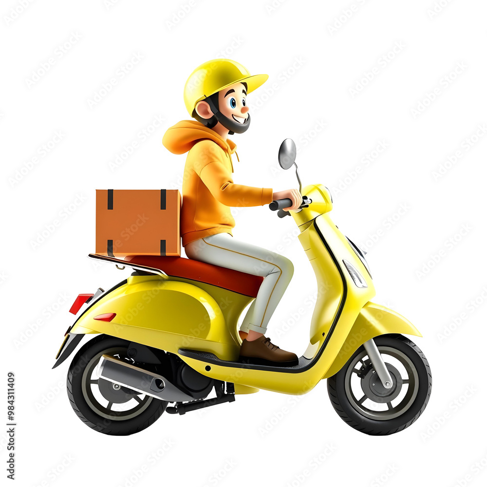 Delivery man riding scooter isolated on transparent background. 3d rendering. Delivery man riding scooter isolated on transparent background. 3d rendering.