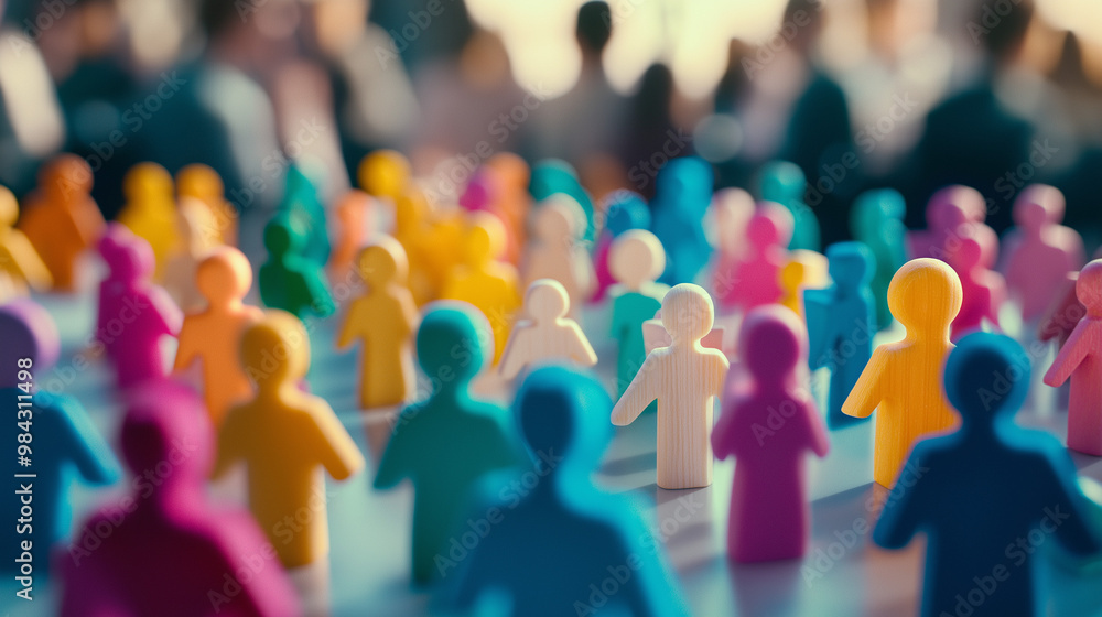Colorful wooden figurines symbolize diversity in front of blurred event attendees Colorful wooden figurines symbolize diversity in front of blurred event attendees