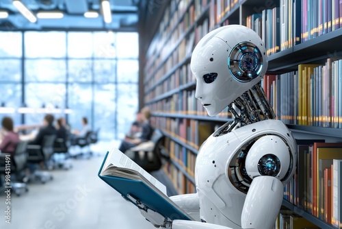 A public library where robots act as librarians, helping people find books and manage digital resources, while others sit reading or working in the tech-enhanced environment.