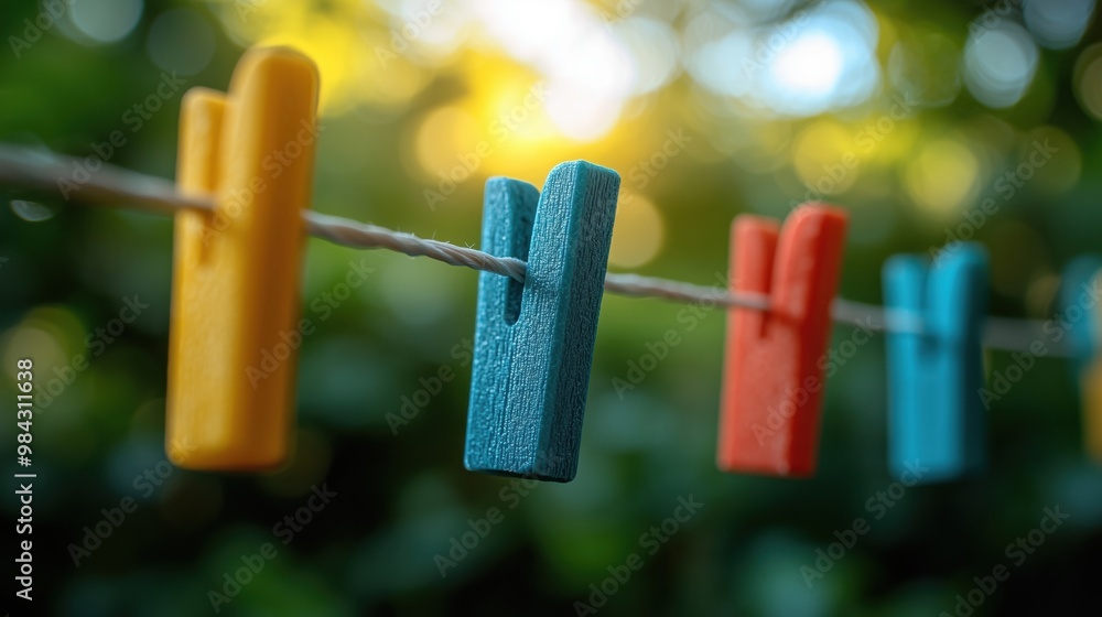 Colorful clothespins hanging on a line, capturing a vibrant moment in nature with a soft blurred background. Colorful clothespins hanging on a line, capturing a vibrant moment in nature with a soft blurred background.